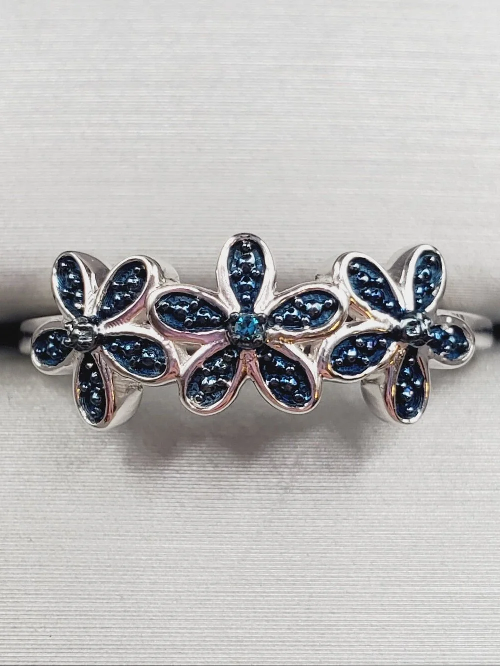 Genuine Blue Diamond Accent 925 Sterling Silver Floral Triple Flower Ring